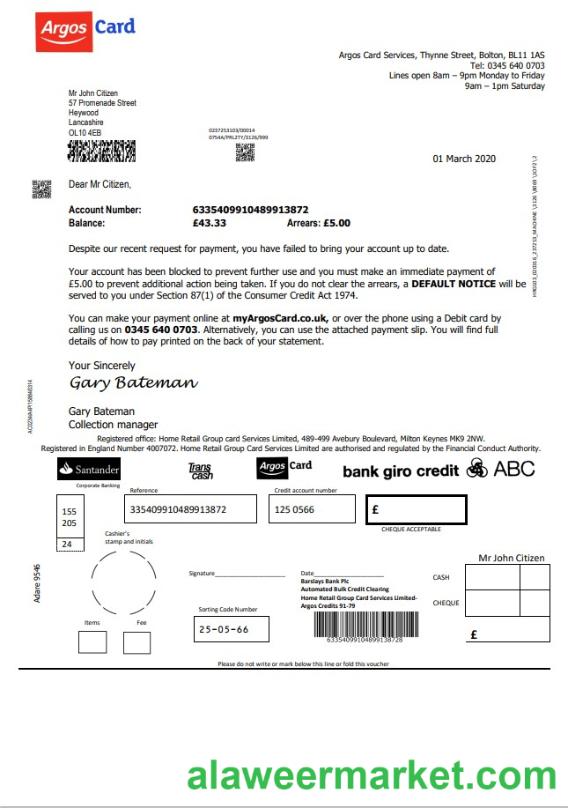 United Kingdom Argos Card in Word and PDF format